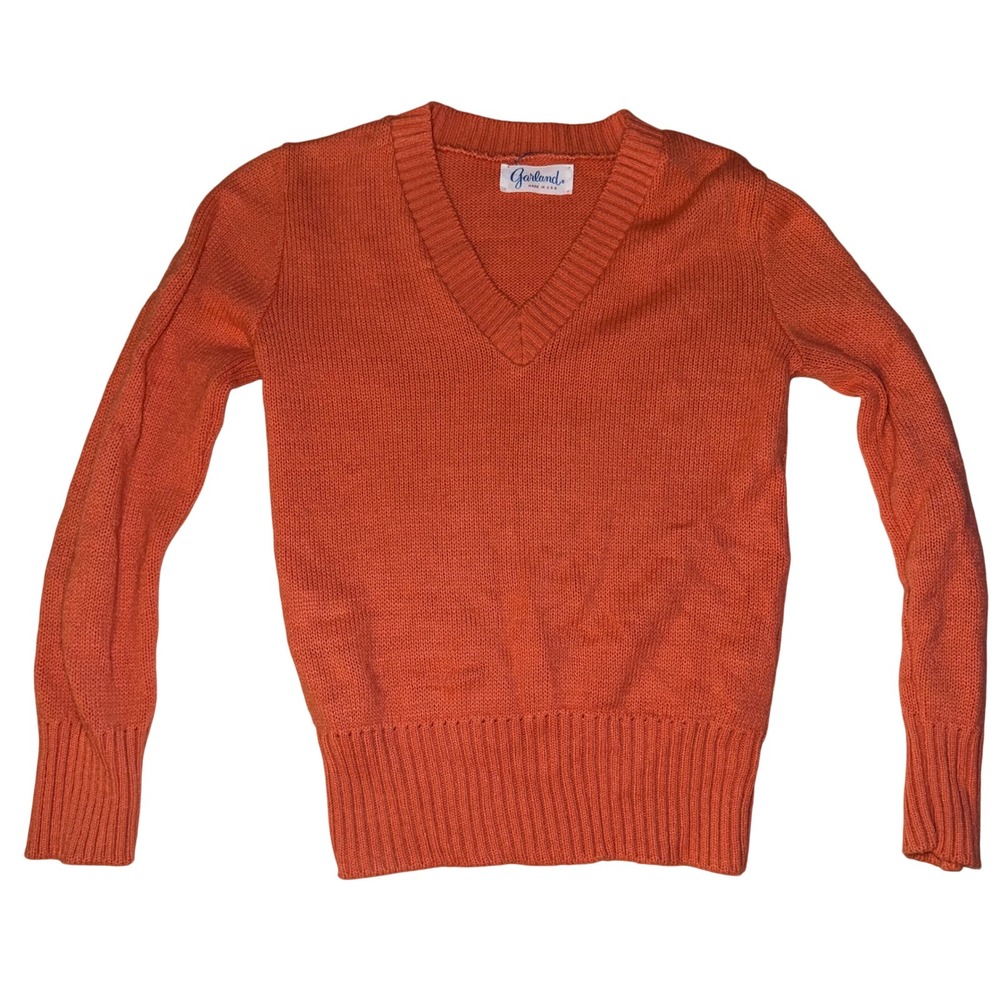 Vintage Garland Womens Orange V Neck‎ Knit Sweater Long Sleeve Casual Pullover